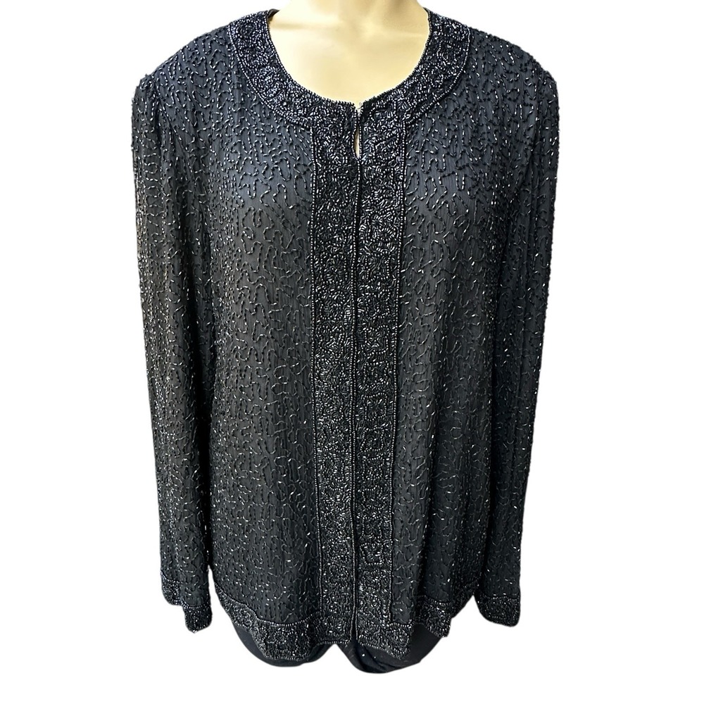 VTG Laurence Kazar Jacket Blazer‎ 100% Silk Women's Size Large Beaded Black